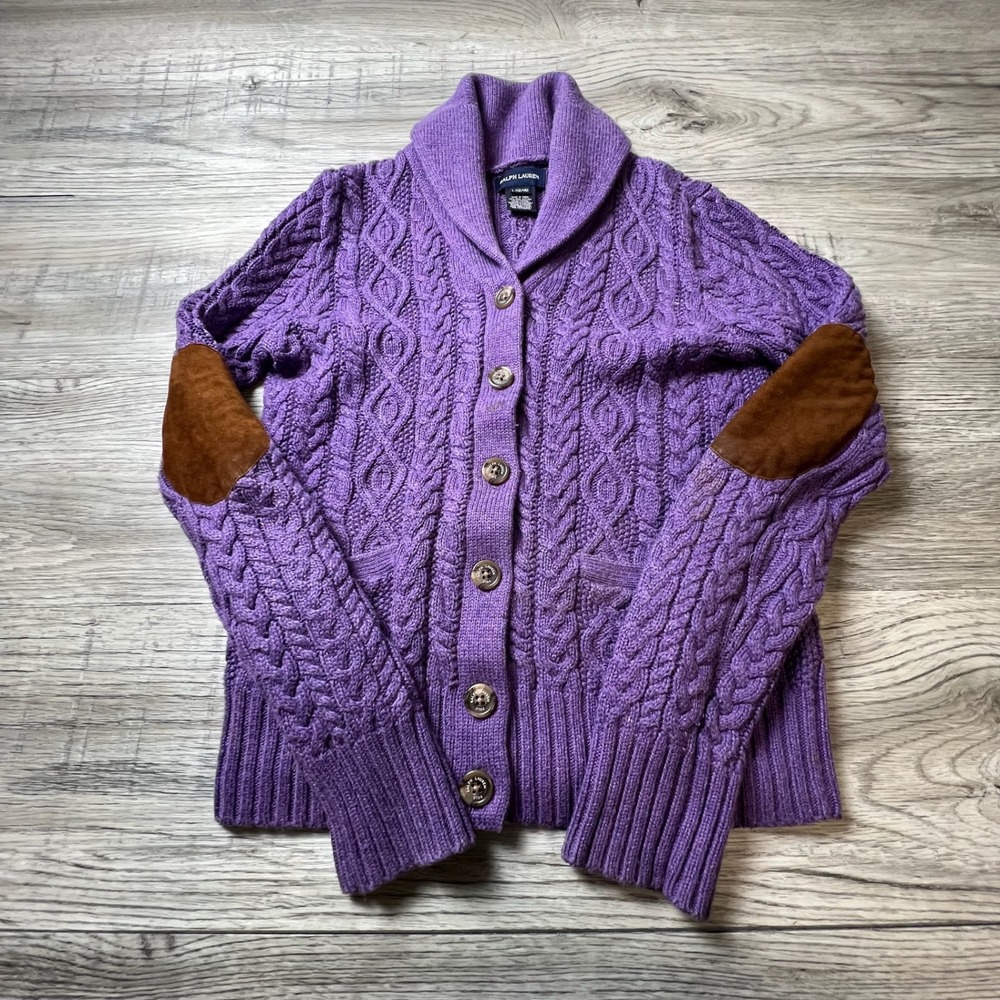 Ralph Lauren Cardigan Girls L 12/14 Purple Cable Knit Suede Elbow Patch Sweater